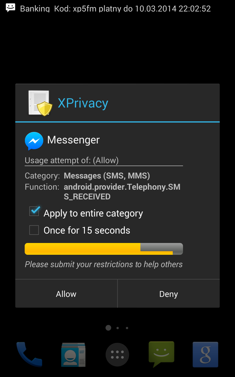Notifikácia o novej SMS správe je v tejto chvíli pozdržaná a čaká na moje potvrdenie, či túto informáciu dostane aplikácia Facebook Messenger.